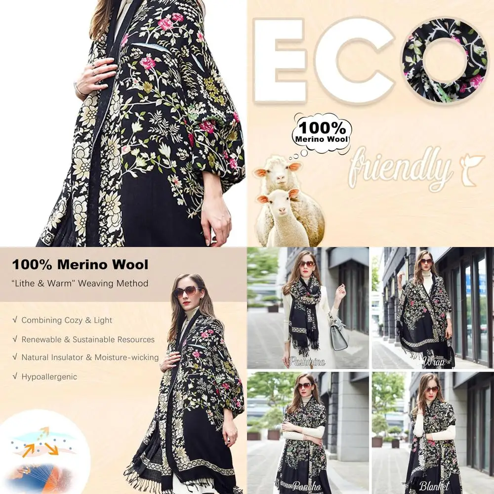 

Женская шаль из пашмины из 100% чистой мериносовой шерсти — дорожный шарф, кашемировая накидка, цветочный дизайн, идеально подходит для осени и зимы