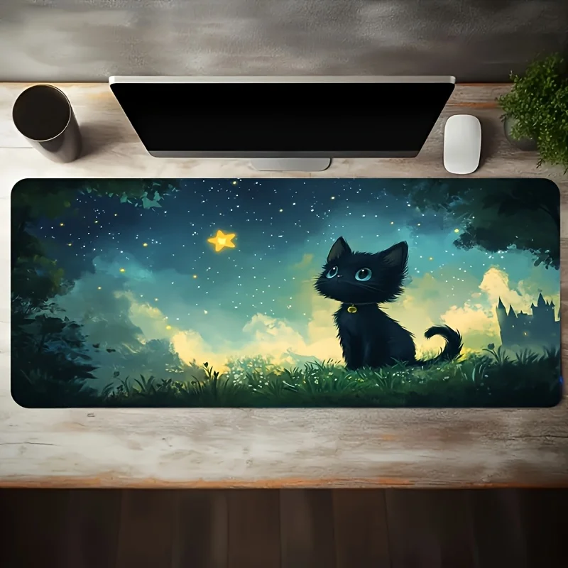 1pc Large Electronic Sports Gaming Mouse Pad, Black Cat Looking Up at Yellow Star Under The Stars Pattern, Non-Slip Washable Rubber Base Big Size Desk Mat