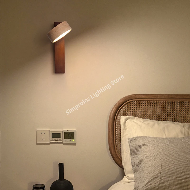 

Wabi Sabi Yellow Travertine Wall Lamp for Bedroom Bedside with Pull Chain Switch Rotable Japanese LED Wood Stone Light Apartment