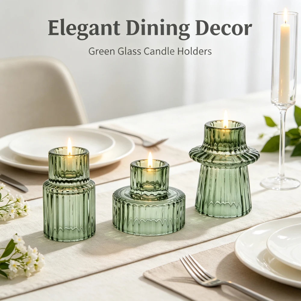 3Pcs Colorful Ribbed Glass Candlestick Holders Double Sided Taper Candle Stand Romantic Dining Table for Wedding Home Decor