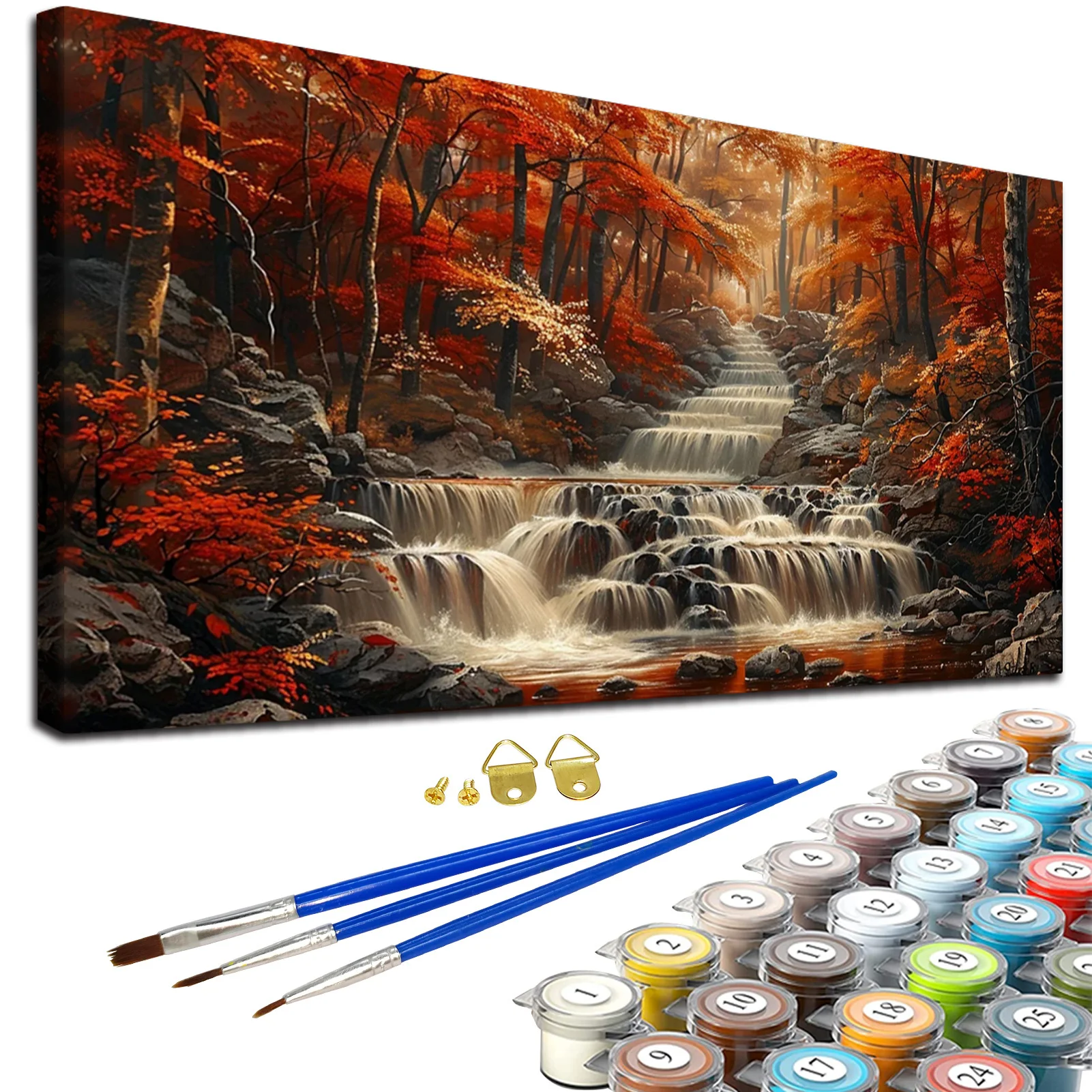 Paint By Numbers Kit for Adults Beginners - 27.6x15.8in/70x40cm Color Canvas, Easy DIY Autumn Waterfall Acrylic Painting Set - P
