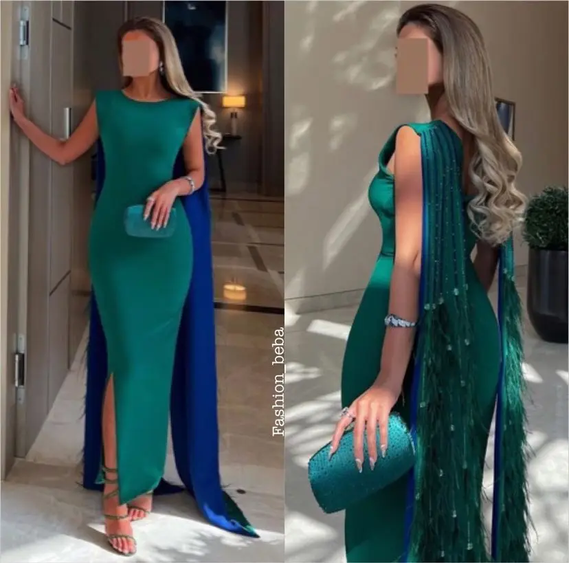 Vestidos de Noche de sirena de lujo para mujer, vestidos de graduación con cuello redondo, plumas hasta el suelo, Arabia Saudita, solicitud Formal