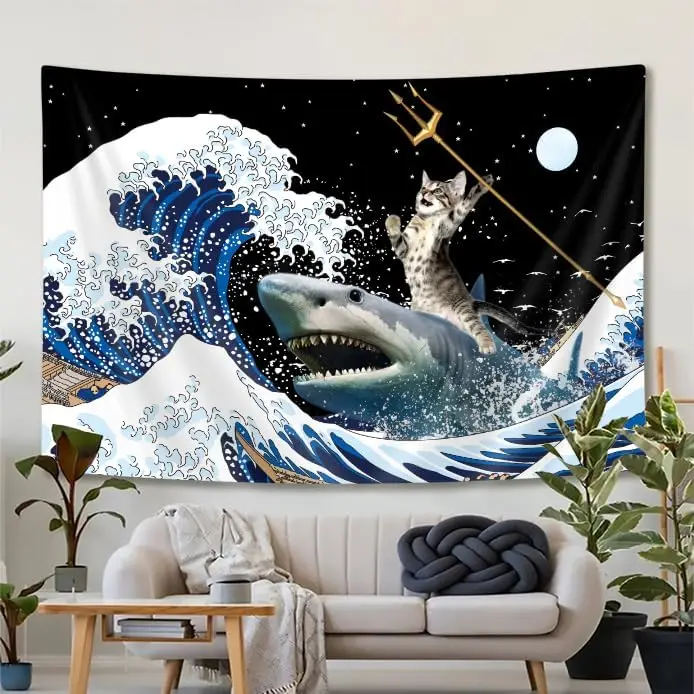 Funny Cat Tapestry, Cute Cat Riding Shark Wall Tapestry Ocean Wave Tapestries, Japanese Wave Wall Art for Bedroom Dorm Living