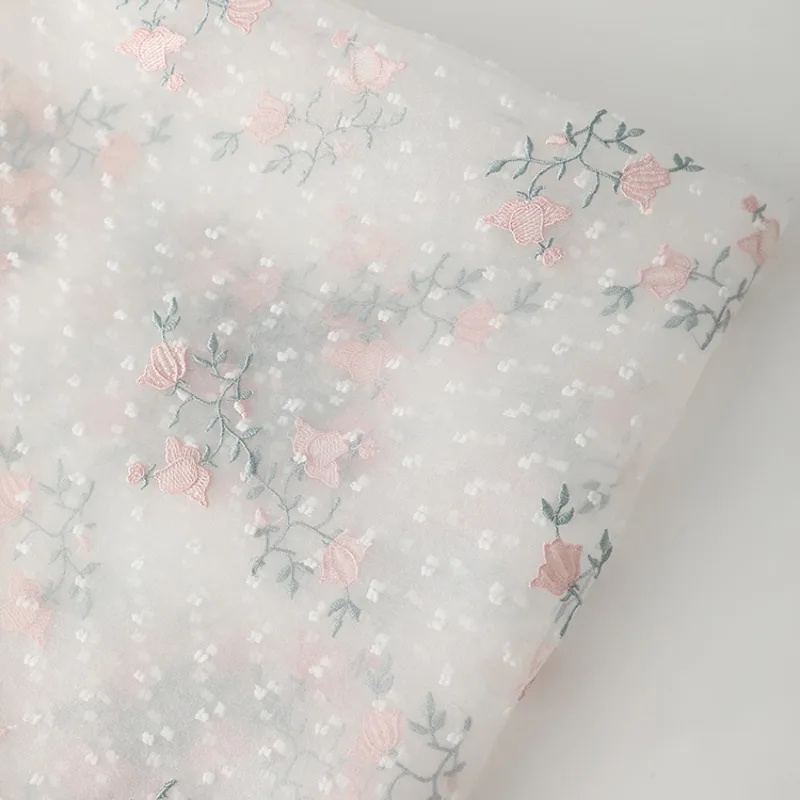 

Linglan Flower Embroidery Bubble Dot Yarn Fabric Summer Dress Children's Wear Hairbands Doll Clothing Handmade DIY Fabric