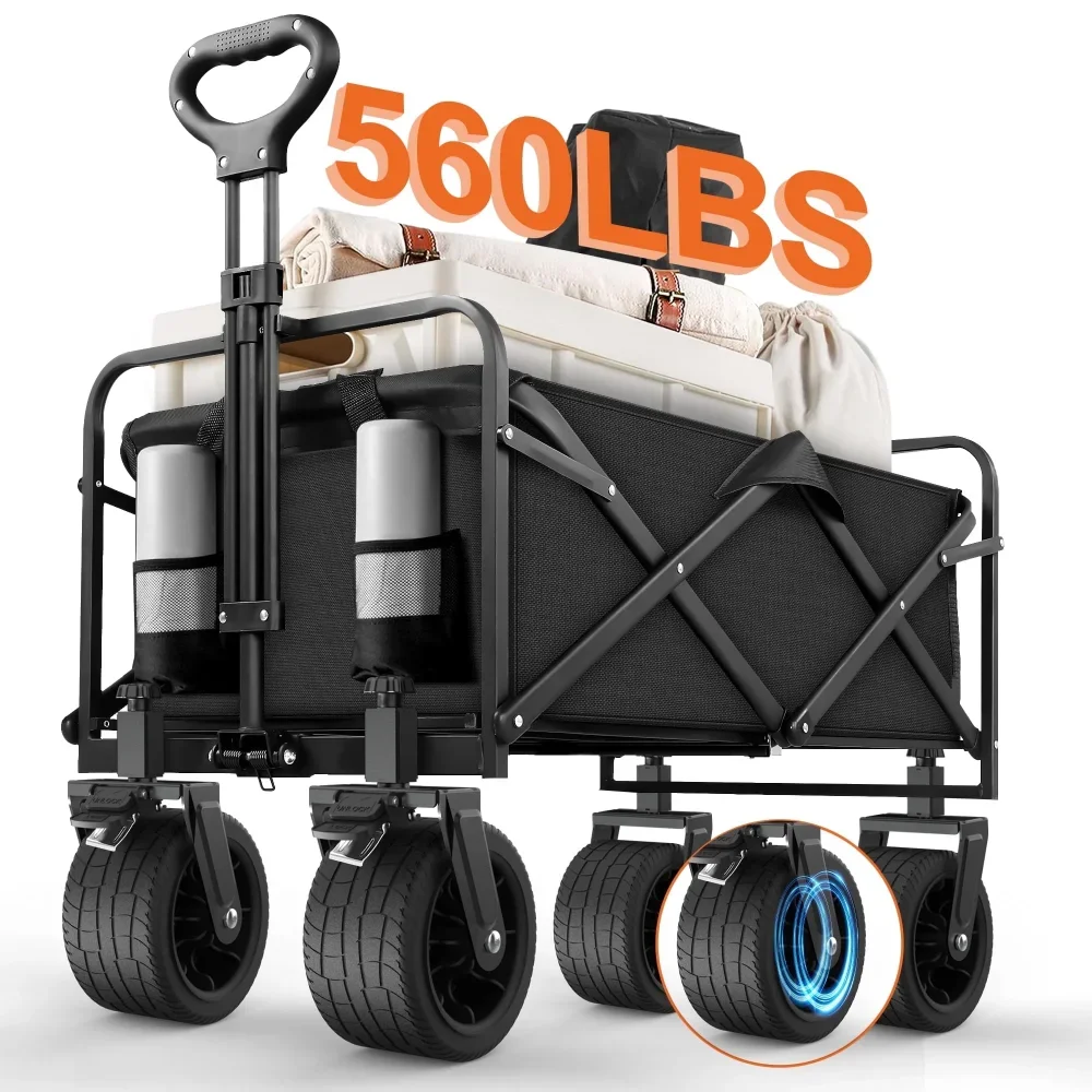 

Large Collapsible Folding Wagon, 560 lbs Heavy Duty Big Bucket Utility Garden Cart with Oversized Tank Wheels for Sports