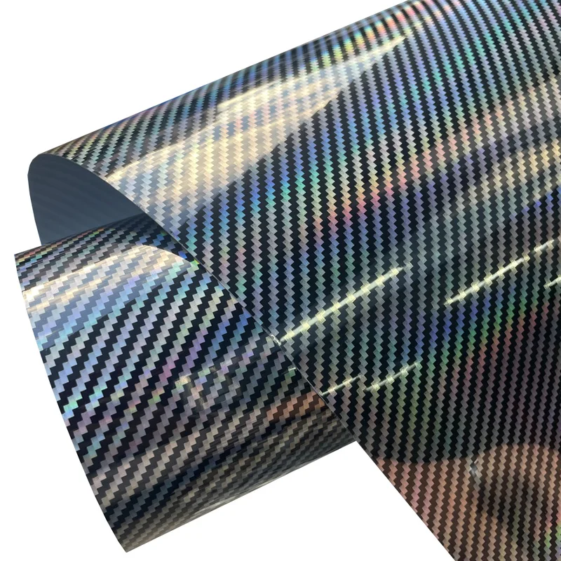 Premium Gloss Laser Holographic Silver Carbon Fiber Vinyl Wrap Film Selbstklebender Aufkleber Fahrzeug Autoverpackung