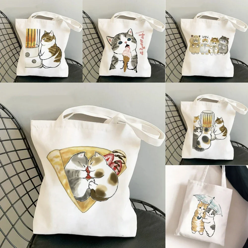 Kawai Cats And Food Creativity Inspired Canvas Bag Casual Shoulder Bag Eco Friendly Little Cat Bag For Shopping Office Travel