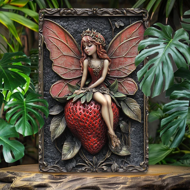 

Charming Vintage Fairy on Strawberry Metal Wall Art - 8x12" Aluminum Sign for Home & Office Decor, Decorative Wall Poster