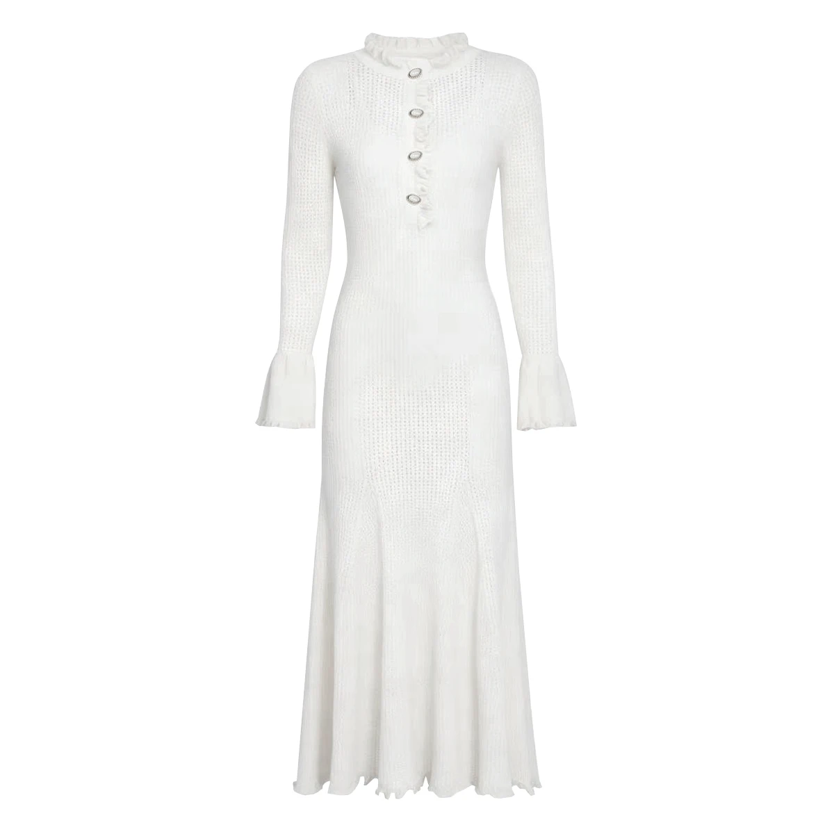 26267 New Spring Autumn Knitted Dress For Women Round Neck Button Hollow Out Slim Fit Long Sleeve Commuter Wear