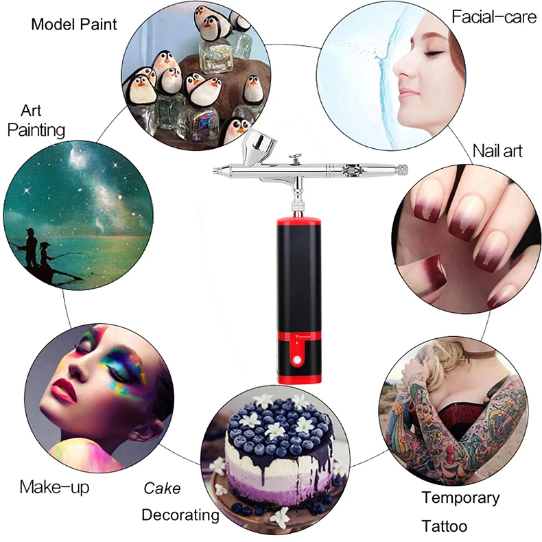 Kit Aerografo Portatile Con Compressore, Doppia Azione, 2 Batterie Ricaricabili, Per Trucco, Nail Art, Torte, Modellismo, Tatuaggi - 3