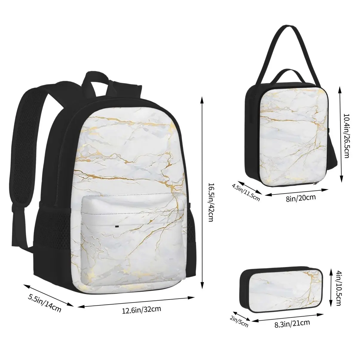 White And Gold Marbl Backpacks Students Bookbag School Bags Rucksack Lunch Bag Pen Bag Three-Piece Set