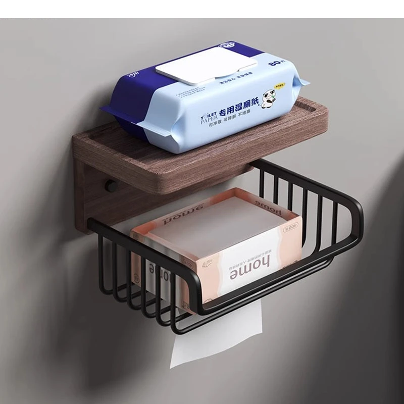 Solid Wood Aluminum Alloy Tissue Holder Roll Paper Bathroom Storage Rack Sanitary Napkin Supplies
