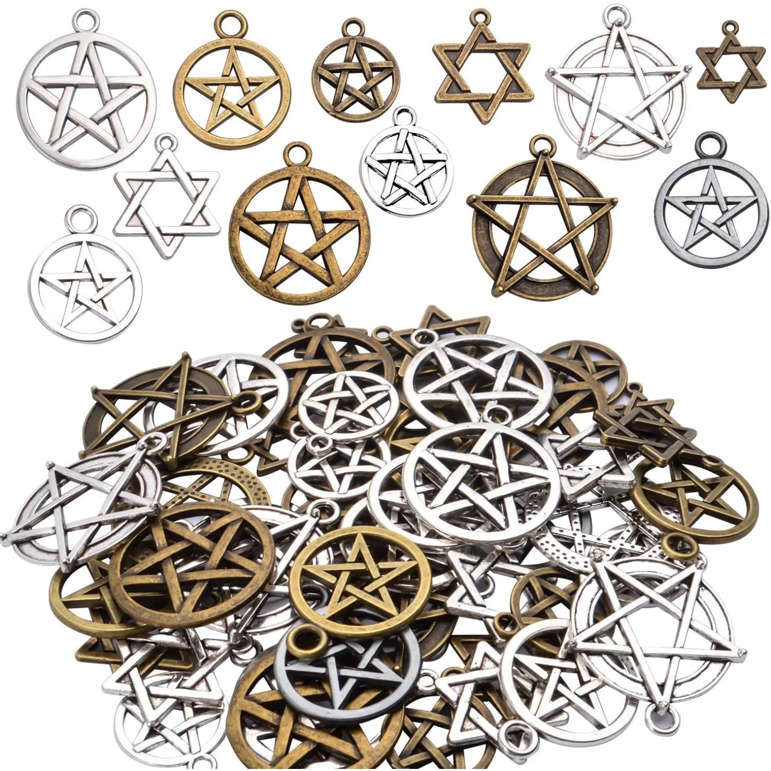 

48pcs Mixed Pentagram Charms Round Star Pentacle Pendants Antique Jewelry Accessories for Necklace Bracelet Crafting