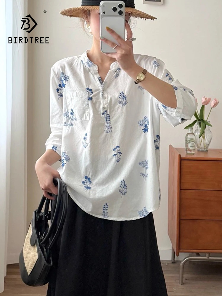 

New 2026 Summer Women Cotton 3/4 Sleeve Shirt, V Neck Floral Print, Mori Girl Fashion Preppy Style Thin Loose Blouse T64618CC