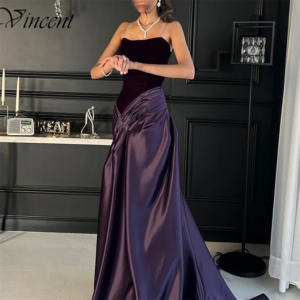 Customized Strapless Satin Classic Evening Dress A-Line Purple Fashion Prom Dress Panel Train Zipper Back Cocktail Dress