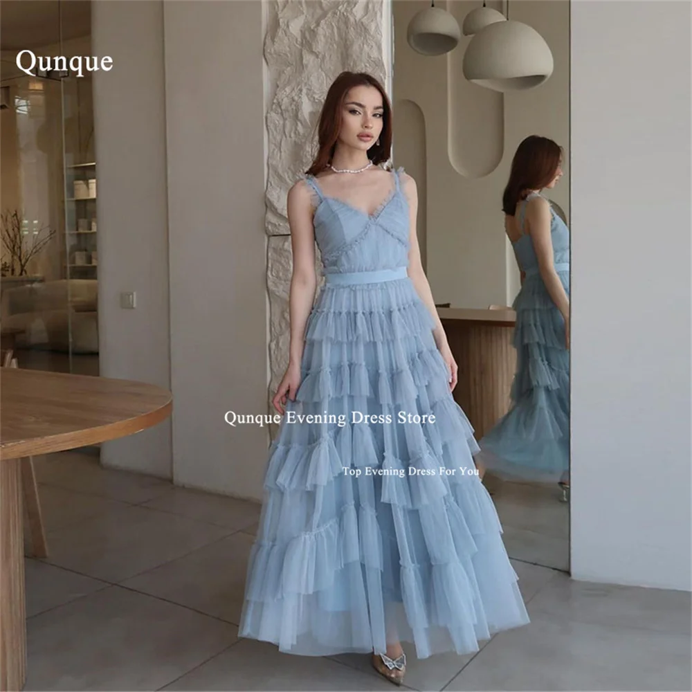 

Qunque Elegant A-line Tulle Evening Dress Customized 2024 Skirt Tiered Formal Spaghetti Straps Prom Party Gowns Robes De Soirée