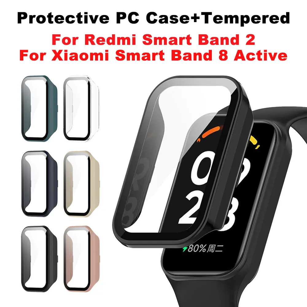 Funda de PC para Redmi Smart Band 2, Protector de pantalla de vidrio templado, parachoques protector duro para Xiaomi Smart Band 8, accesorios activos