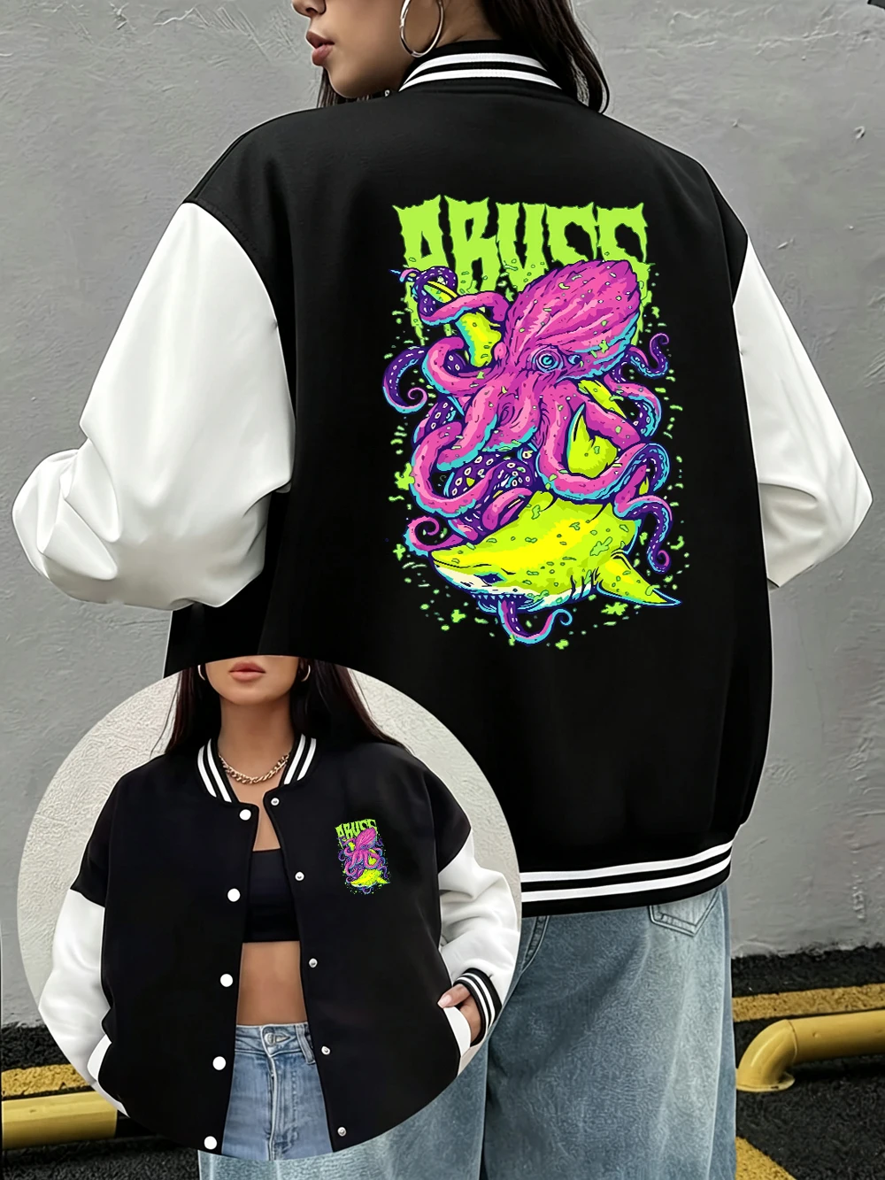 Abuzz Purple Squid Printing Coats Womens Street Loose Baseball Jersey Winter Fleece Warm Jackets Casual Pocket Woman Clothes