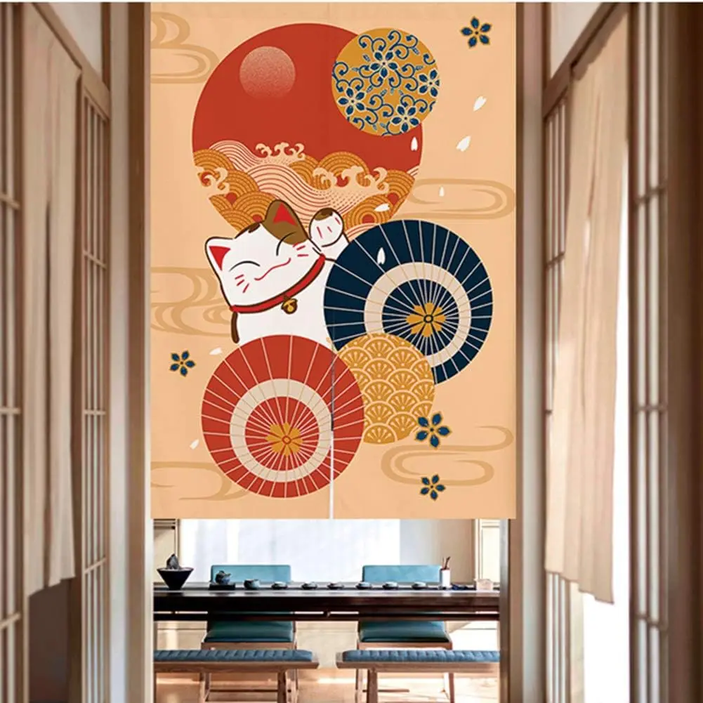 Maneki-Neko Noren Curtain, Japanese Style Beige Background Print, Auspicious Lucky Room Divider With Cat & Traditional Pattern