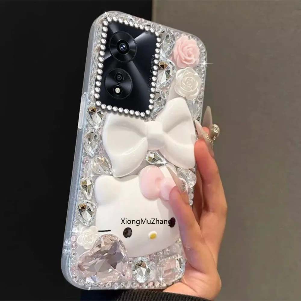 Hallo Kitty Schleife mit Armband Handyhülle für OPPO A98 A96 A95 A93 A92 A78 A74 A72 A58 A55 A54 A53 A52 A16 Strasshülle – Detail 3