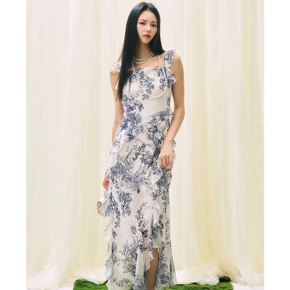 

Летнее женское платье Shengdu в стиле южнофранцузского отпуска, с квадратным вырезом, на бретельках, с разрезом, с завышенной талией, из трикотажного полиэстера