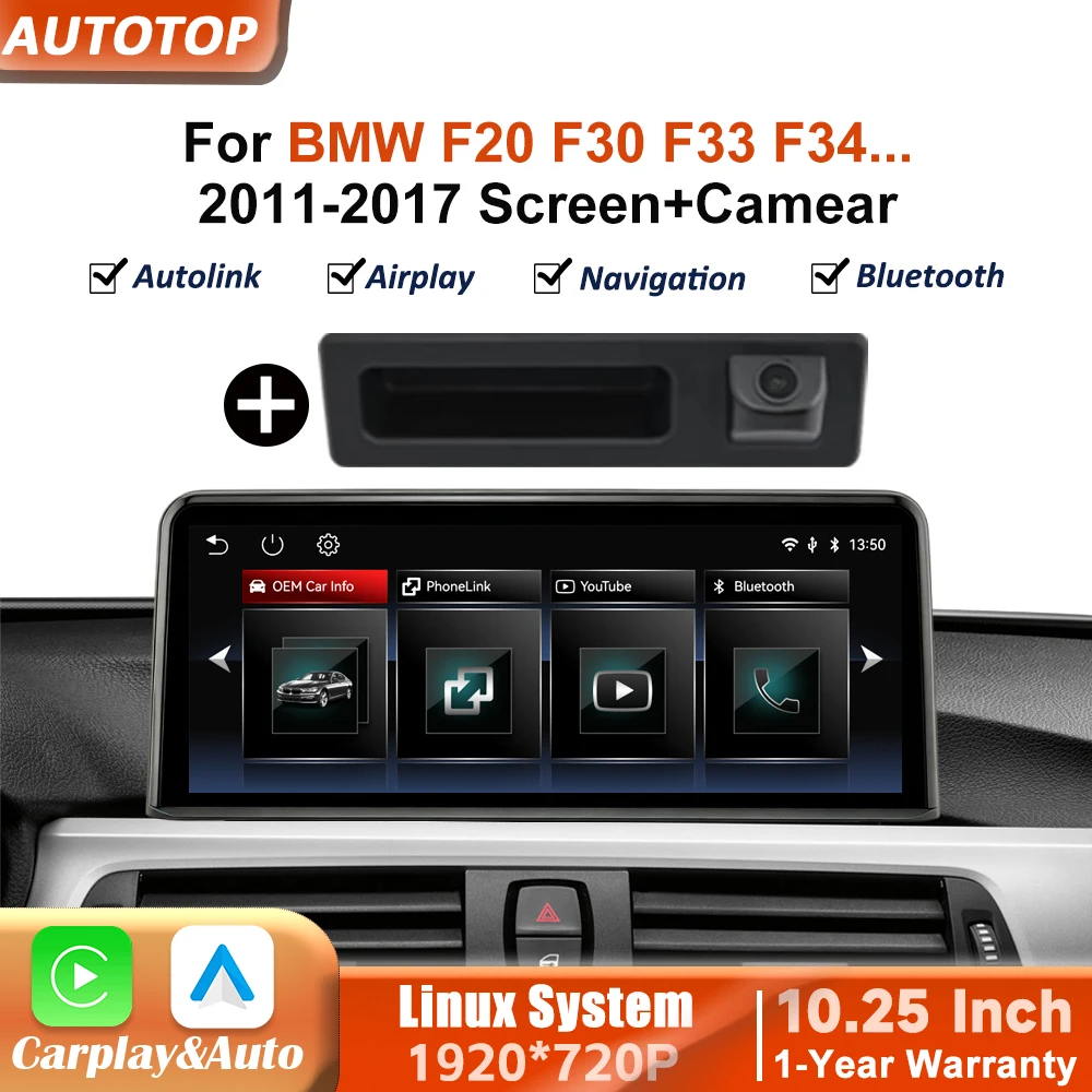 10,25-calowe bezprzewodowe radio samochodowe z CarPlay i Android Auto, system Linux, kamera cofania do BMW F20 F21 F23 F30 F31 F32 F33 F34 F36 z systemem NBT 2011-2017, multimedialny odtwarzacz wideo