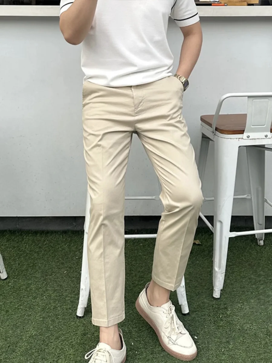 Khaki Color Men's Slim Fit Straight Leg Casual Pants Fashionable Brand Spring Autumn Nine Points Korean Style Leisure Trousers