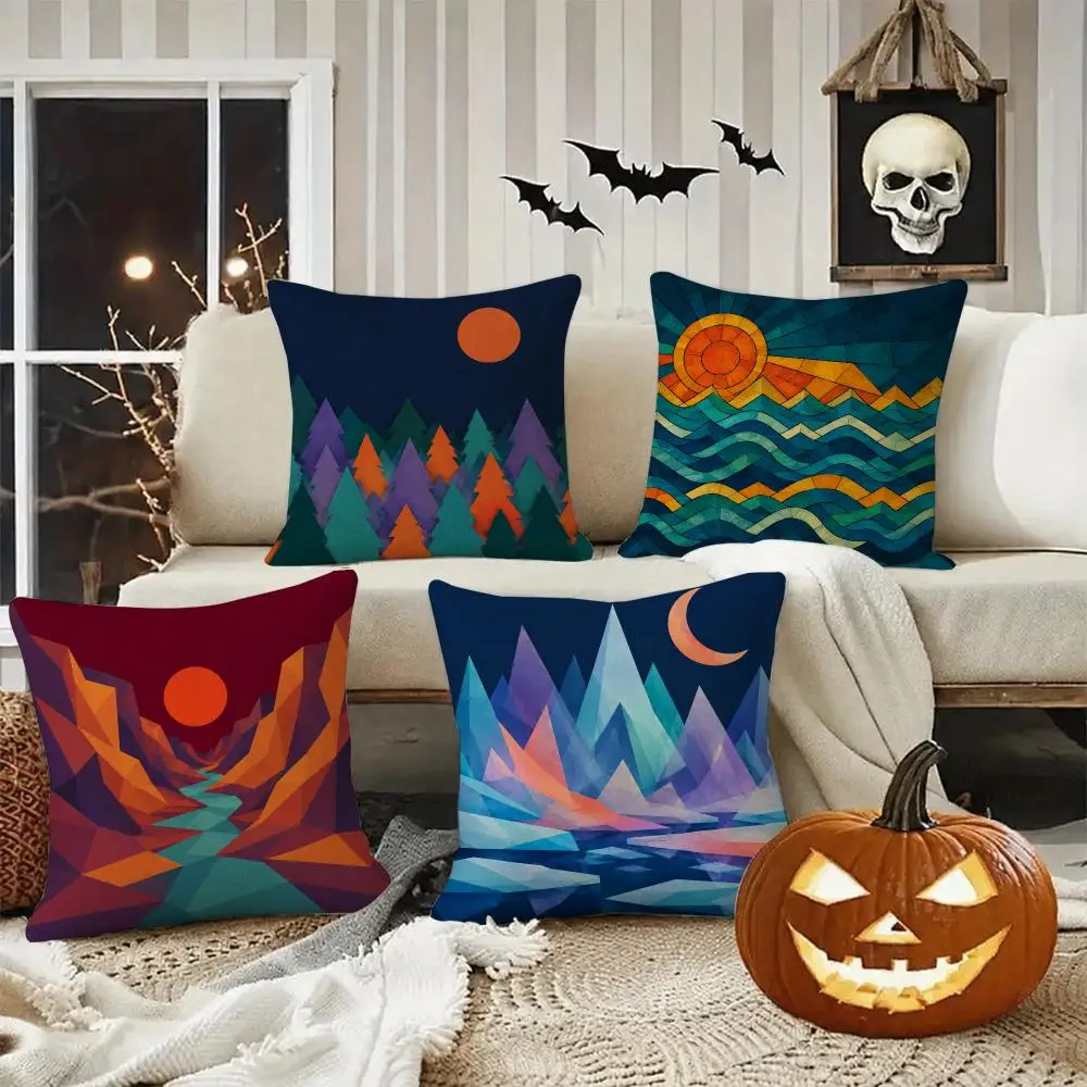 Geometric Landscape Cushion Cushion Cover Halloween Rustic Throw Pillow Covers, Cute Ghost Pumpkin Maple Leaf Cushion Covers