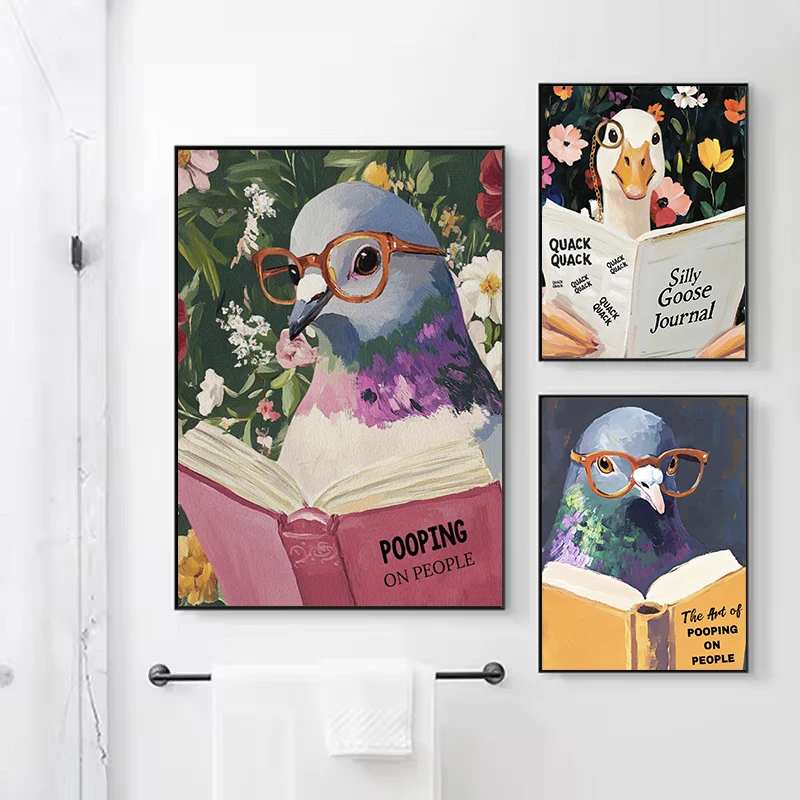 1PC Frameless  Humorous Pigeon Reading Book Pooping on People Bathroom Funny Animals Poster Canvas Painting Wall Art Pictures Ho