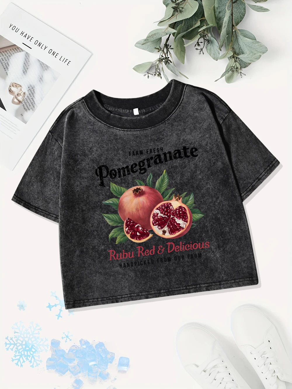 Casual Cotton Crop Tops Women Bright Pomegranate Printing Washed T-Shirts Summer Regular Fit O-Neck Tees Street Womans Clothes