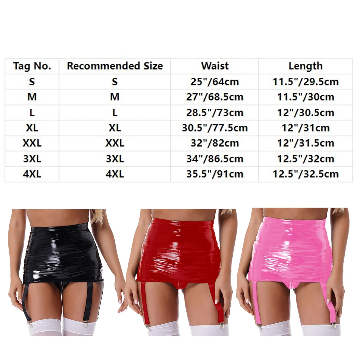 Womens Patent Leather Clubwear Wet Look PVC Pole Dance Costume High Waist Suspenders Mini Skirts with Garter Belt Clips