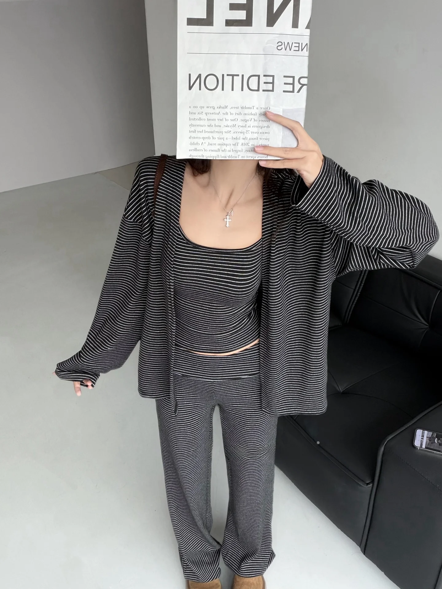 레트로 슬레 스트라이프 티셔츠 세트 슬림핏 롱 레그 오픈 가디건 롱 팬츠 베스트 여자용 하이웨이스트 가을 패션 세트