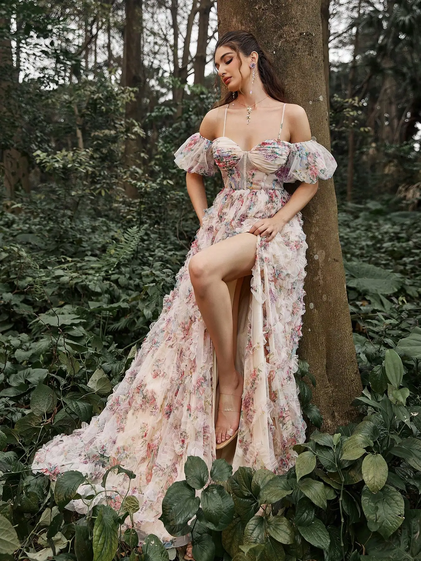 

Off-Shoulder Floral Ruffle Mesh Maxi Dress with High Slit