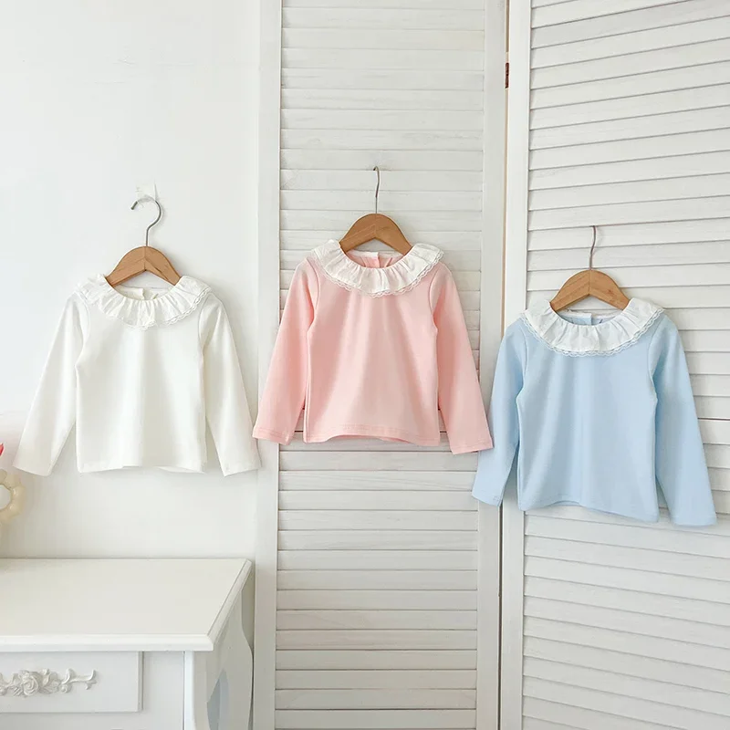 1-6Yrs Baby Clothes Spring Infant Girls Long Sleeve T-shirts Lace Lotus Collar Princess Kids Bottoming Shirt Toddler Cotton Tops