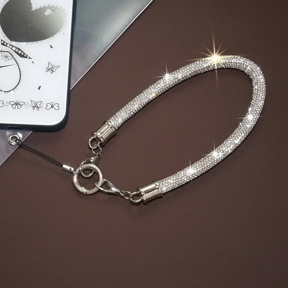 สร้อยข้อสั้นสายเชือกคล้องข้อมือป้องกันการสูญหายทำจากผ้าฝ้ายประดับพลอยเทียมหลากสีสำหรับเคสโทรศัพท์มือถือ