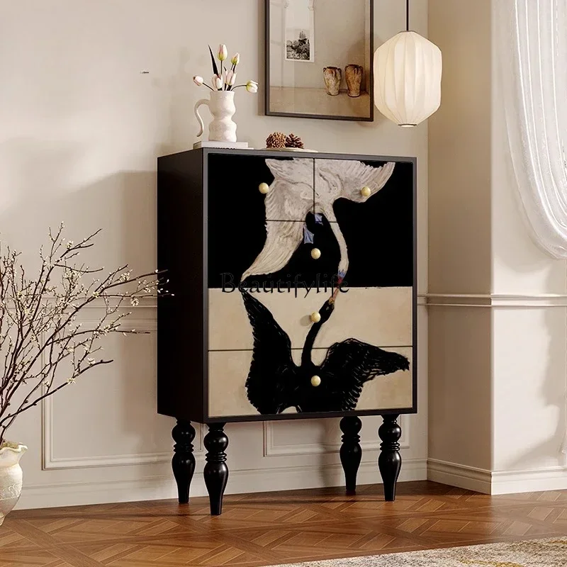 

ls 2755French retro living room solid wood tall cabinet bedroom room storage chest of drawers