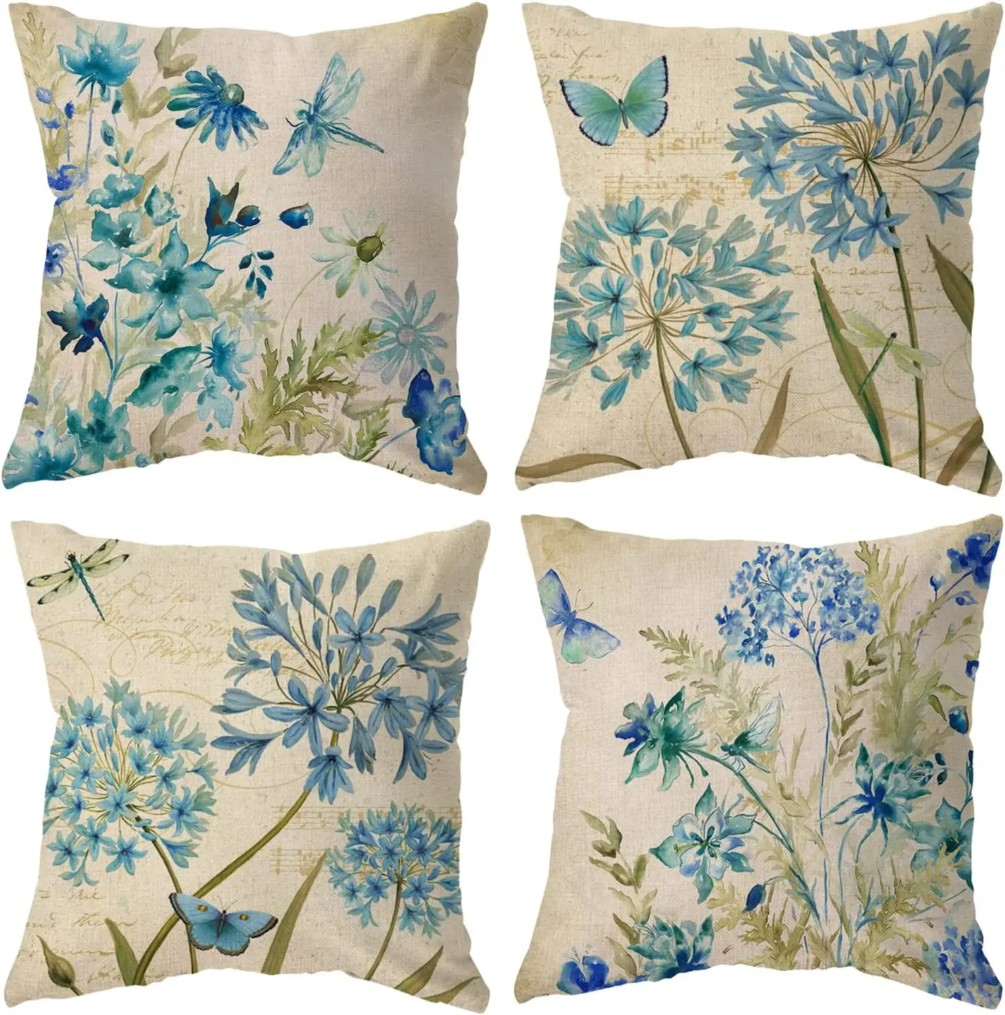빈티지 베개 커버 세트, 봄 나비 잠자리 홈 안뜰 베개 케이스, 모던 블루 플라워 리넨 쿠션 커버, 4 개