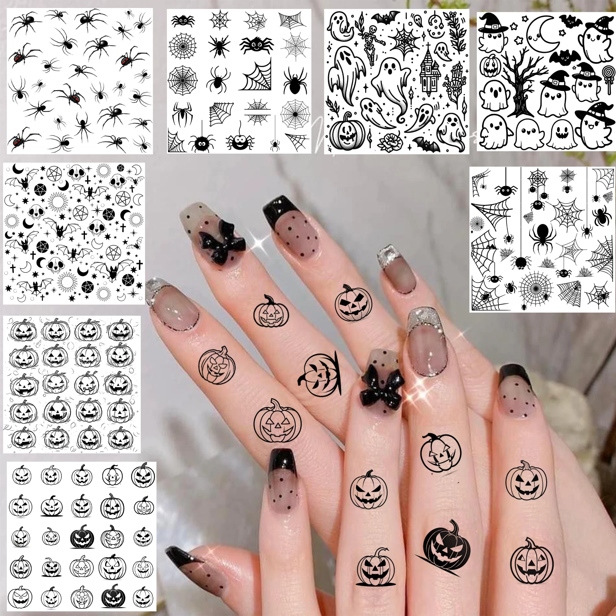 8 Sheets Mini Halloween Spider Pumpkin Ghost Skull Witch Finger Temporary Tattoo Stickers, Waterproof Temp Fake Tatoos Last Long