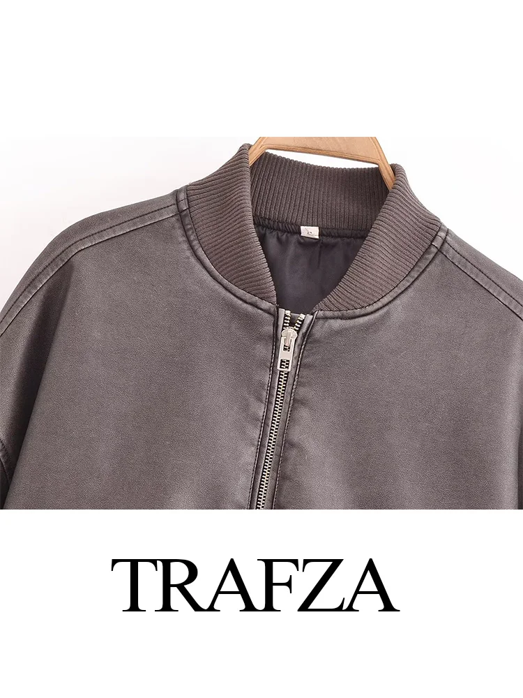 TRAFZA Women Autumn Vintage Imitation Leather Bomber Jacket Female Solid Zipper Pockets Decorated Long Sleeve Street Outwear