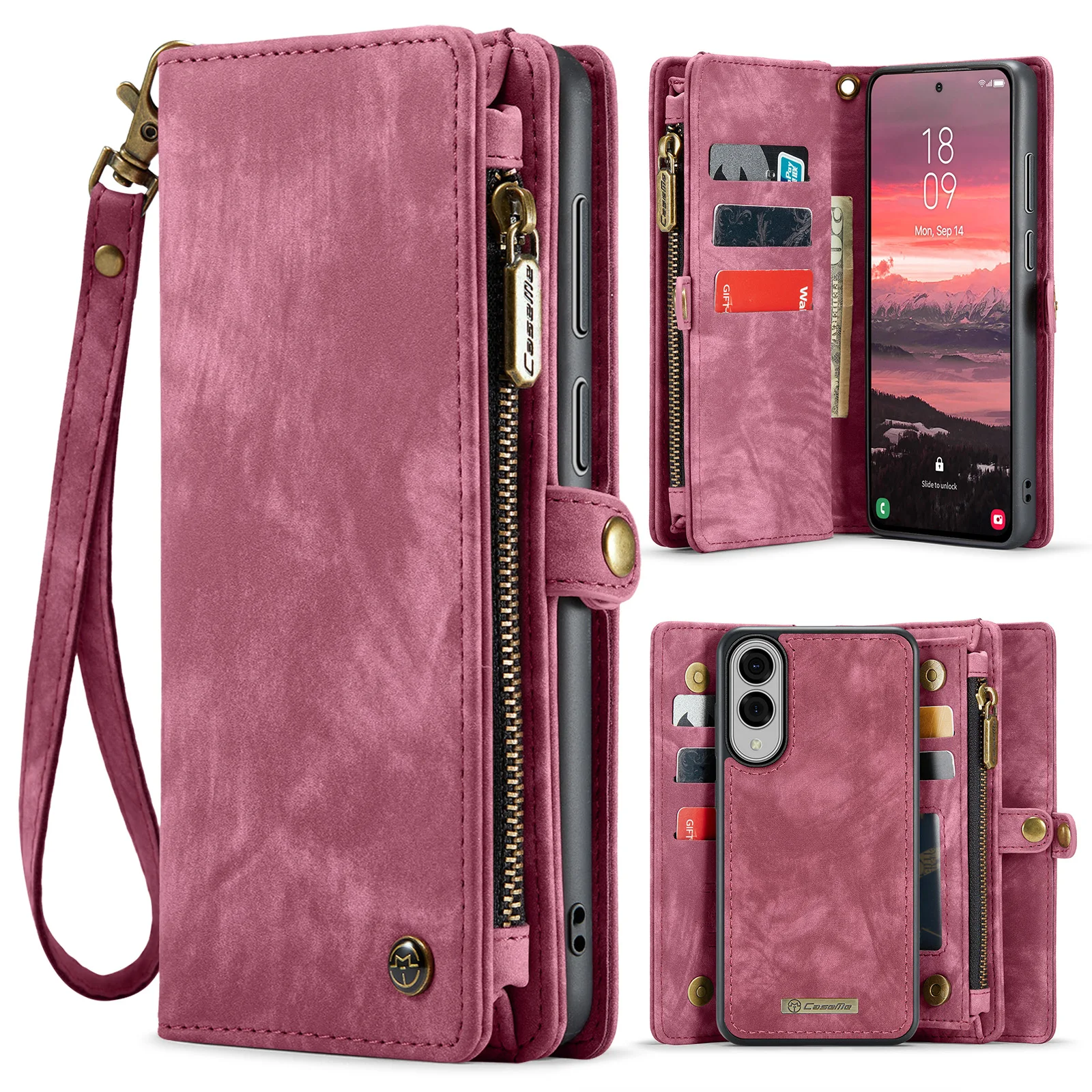 CASEME For Samsung Galaxy S25 Edge Phone Cases  008 Leather Cover with Detachable Wallet and Strap - Red