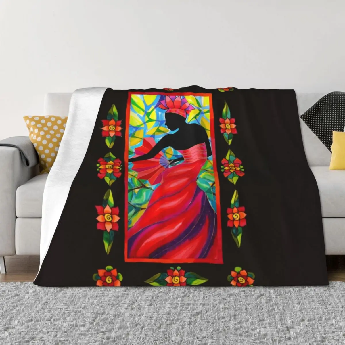 

Red Dress Fan Dancer with Mestizo Border Belize Throw Blanket Beautifuls sofa bed Bed Hairys Blankets