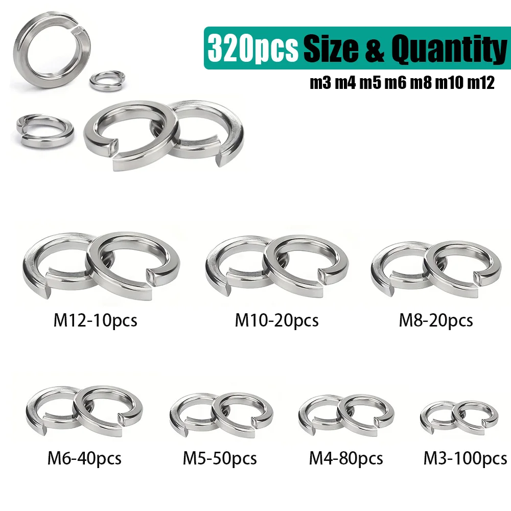 320-Piece Set of M3, M4, M5, M6, M8, M10, and M12 Stainless Steel Spring Washers to Enhance Bolt and Screw Tightening Force