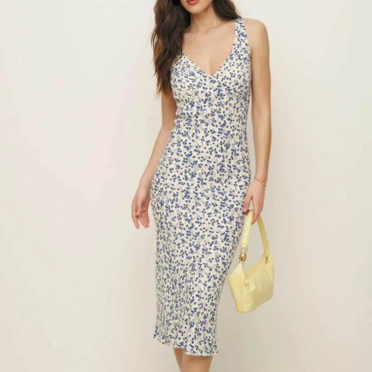 

Europe and America 2024 Summer New Four-color Printed Vest Dress V-neck Backless Sexy Long Skirt