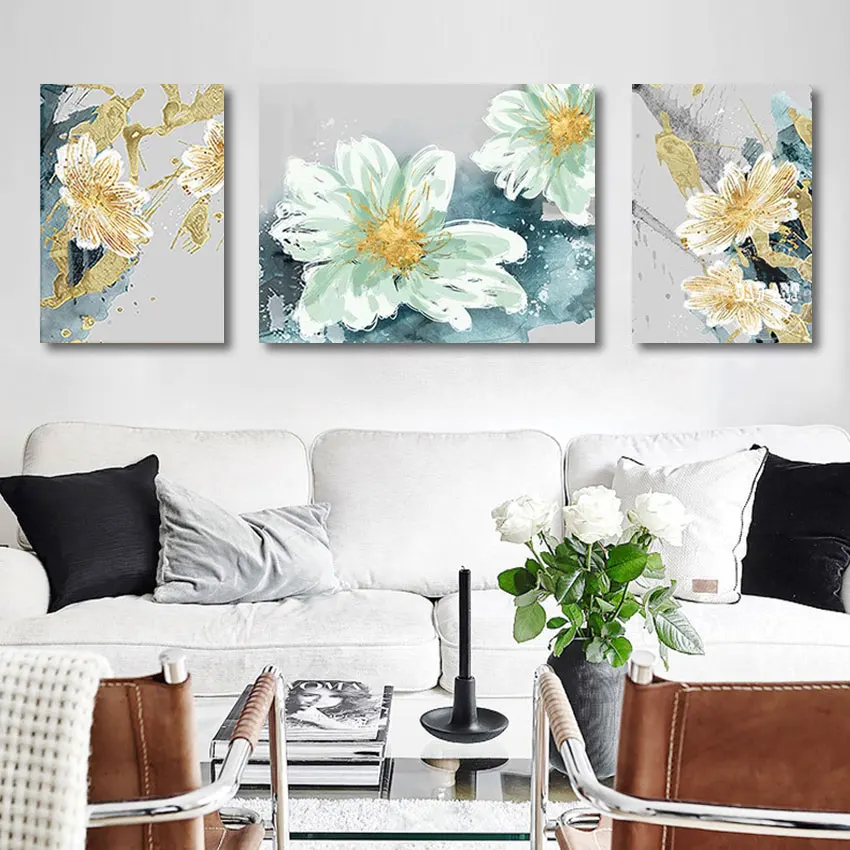 3PCS Design Unframed Canvas Roll Decor Gold Foil Abstract Flowers Pictures, Hotels Artwork, Modern Art Bedroom Wall Painting