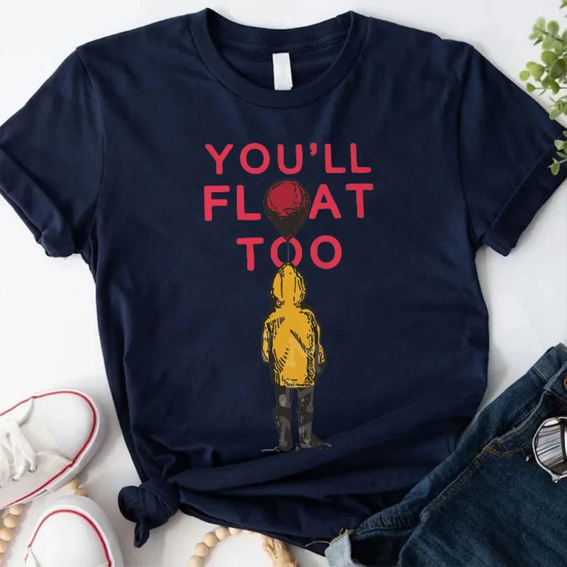 Camiseta gráfica también flotará: Georgie Balloon Camiseta de algodón ¡Los fanáticos del terror amanalo! Tops con estampado de escenas clásicas de películas de terror