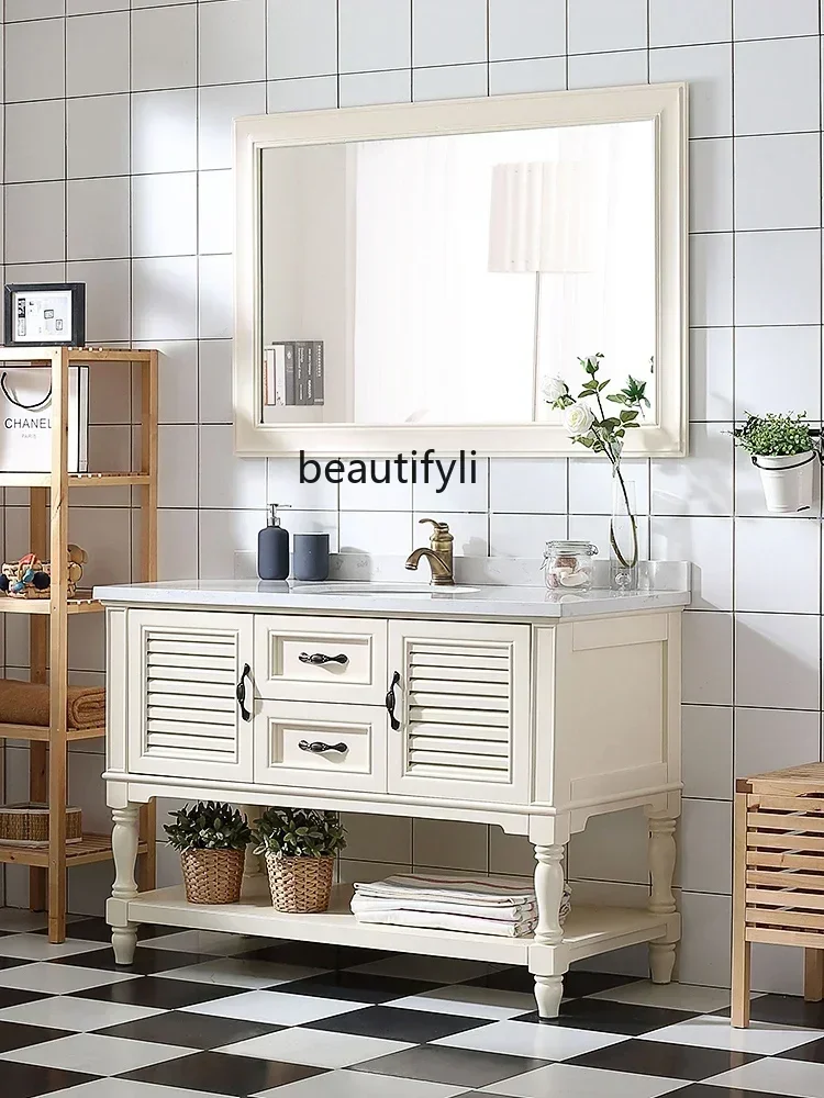 ls 42New Arrivals  American Bathroom Cabinet Solid Wood Marble Washstand Bathroom Wash Basin Cabinet Combination 03A