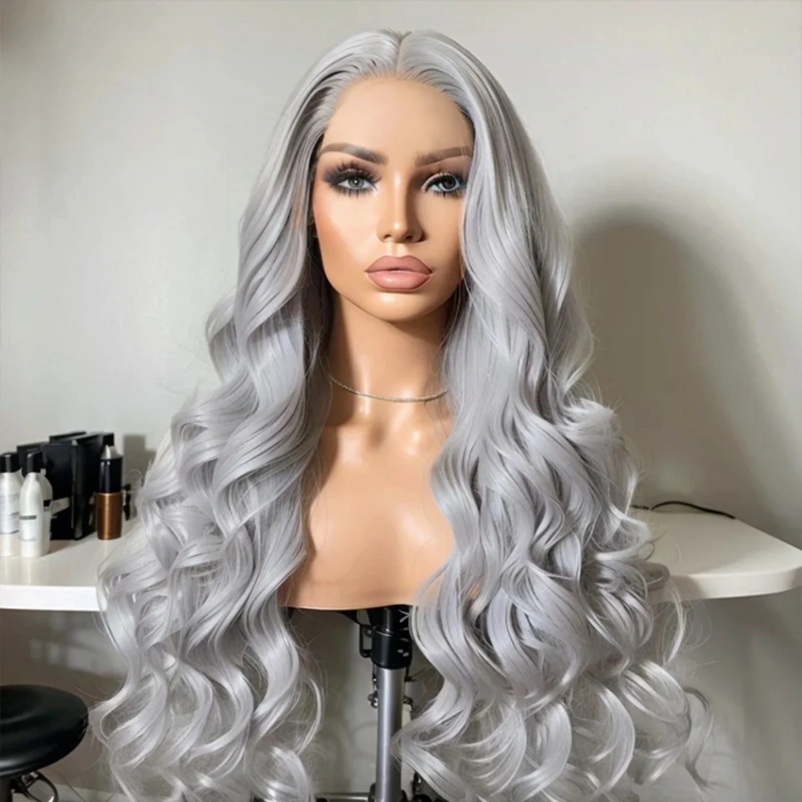 Silver Wig Loose Curly Synthetic Lace Wig Silver Grey Lace Front Wig Glueless Long Grey Curly Hair Lace Frontal Wigs for Women