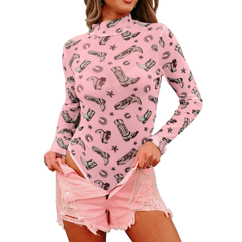 

Polyester longsleeved highneck romper for women with full printed cowgirl boots perfect for daily and vacation