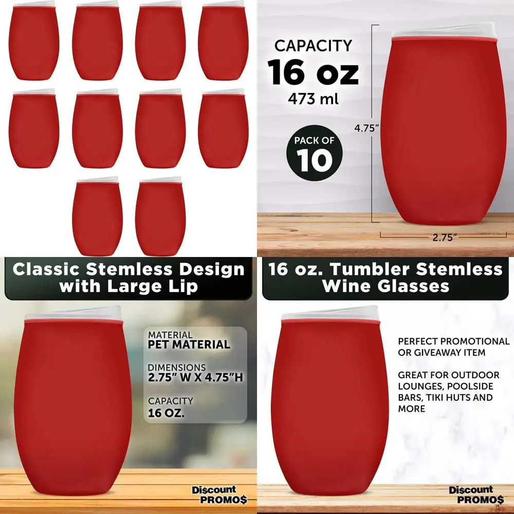 

Bulk 16 oz Stemless Wine Glasses Set of 10 - Ideal for Wine, Cocktails, and Hot/Cold Beverages