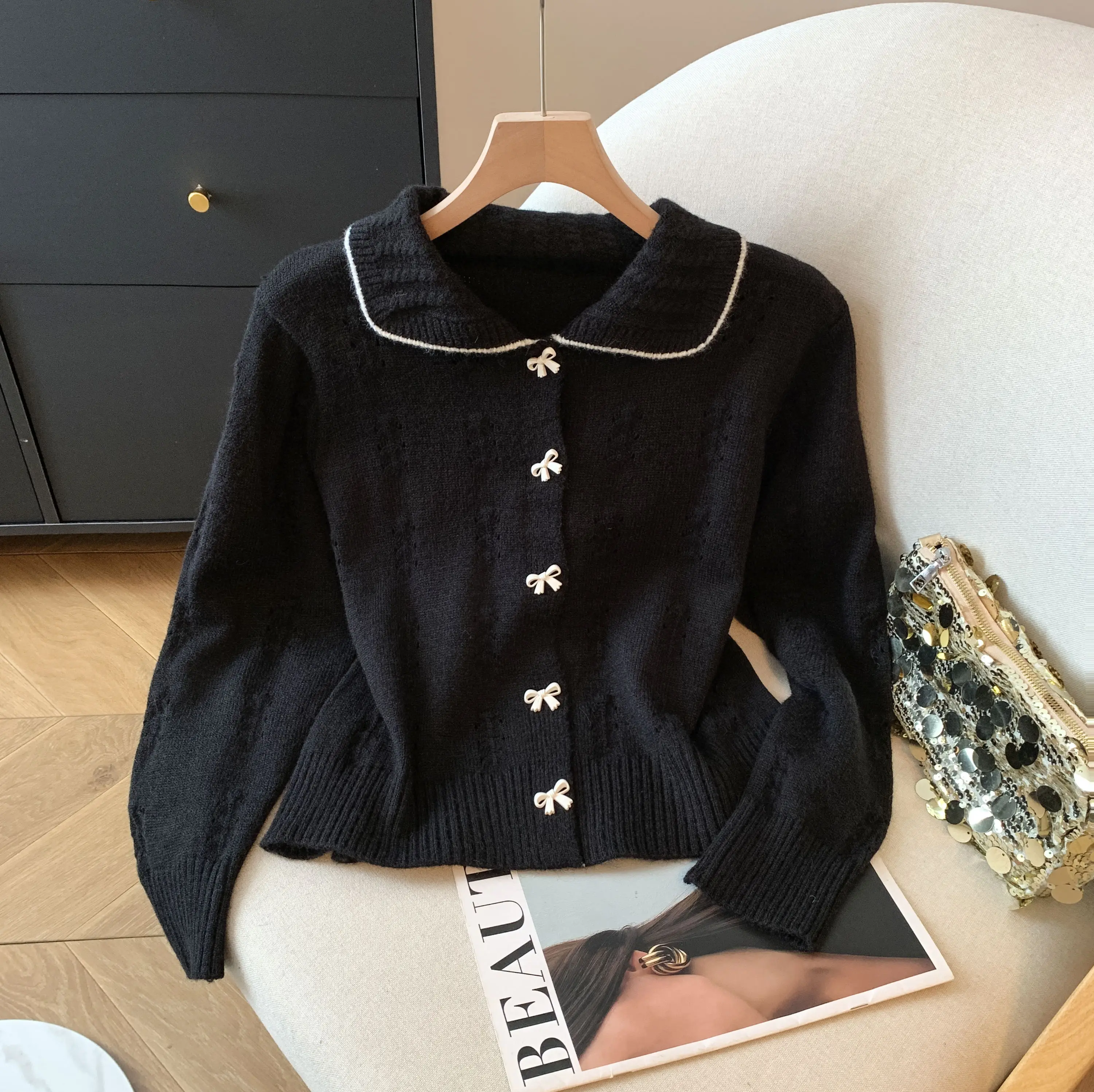 

Women's Winter Knitwear Cardigan with Bowtie Collar Long Sleeve French Elegant Fashion Retro Casual Top Coat Style Y2K Clothing